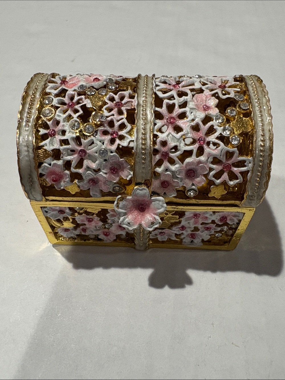Gold Floral Jewelry Trinket Chest with Pink & White Accents